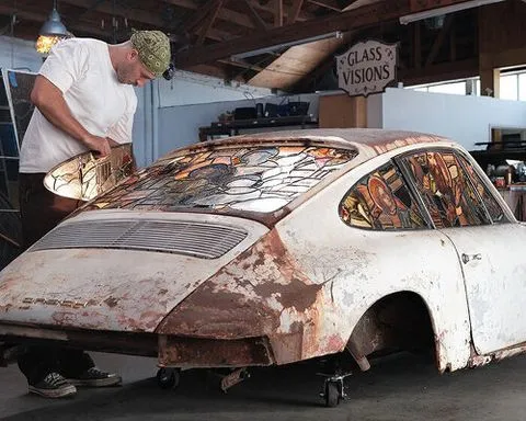what kind of afterlife can salvaged stained-glass give a burned-out porsche?