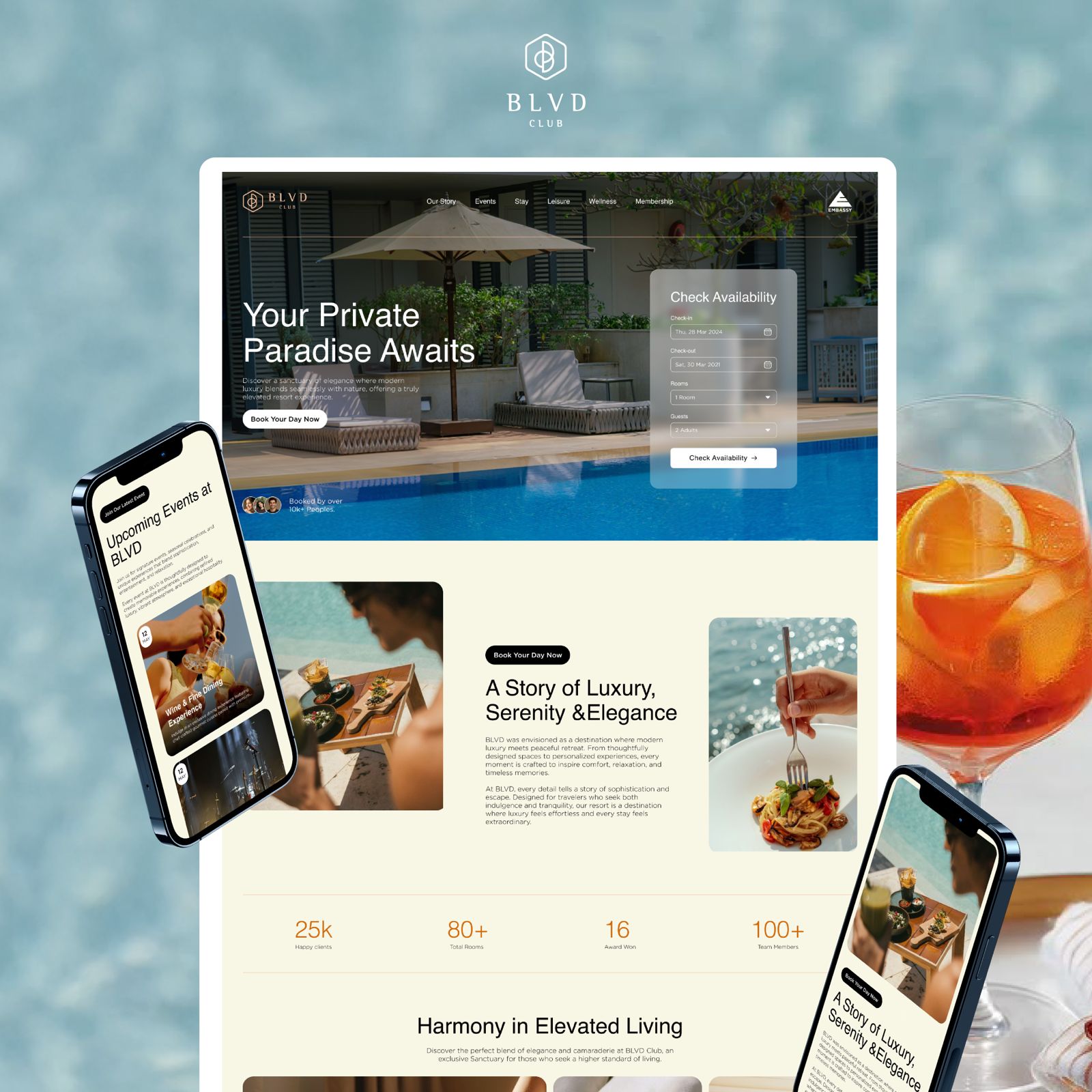 BLVD Club website design by NOW Media, members club brand with booking, dining, events, and member experience sections