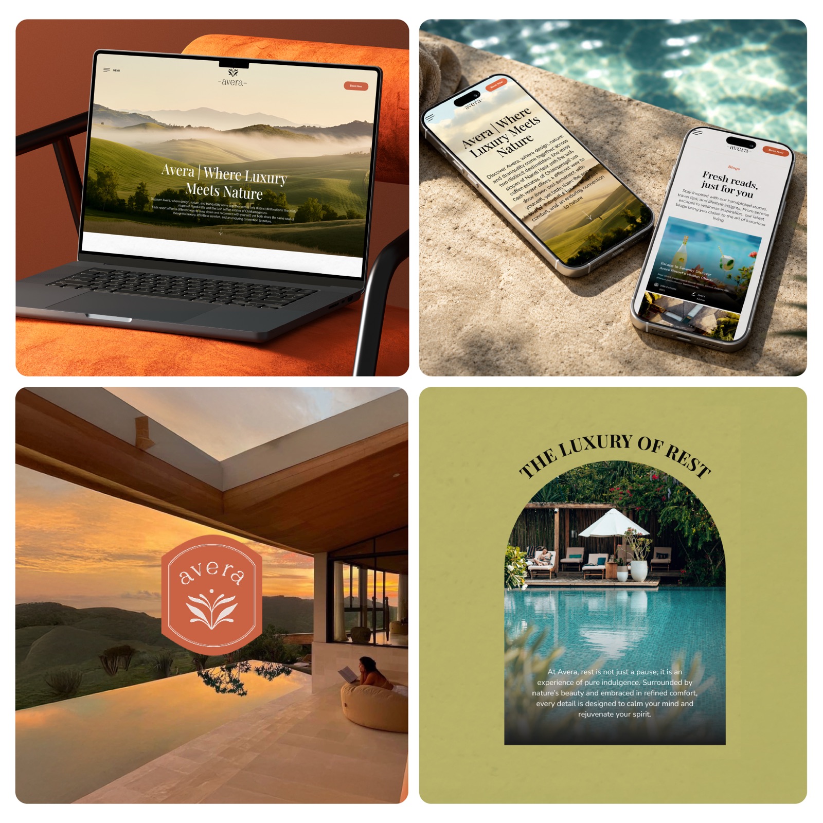 Avera resort website design by NOW Media, hospitality brand with desktop, mobile, brand mark, and editorial layouts